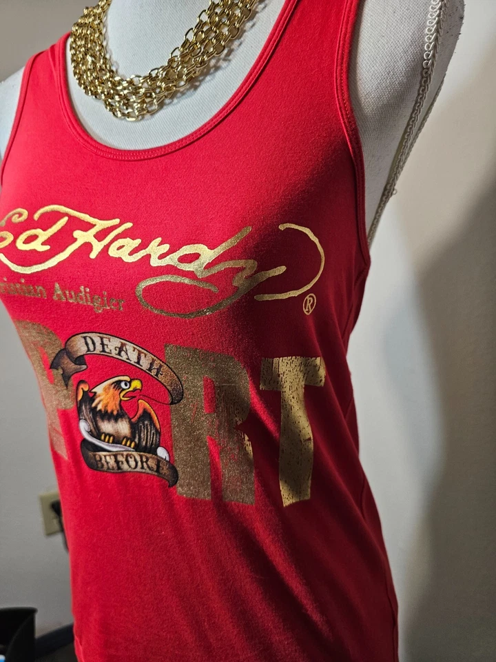 Ed Hardy Womens Racerback Red Tank Graphic Top Y2K 90s Eagle Death Sport Small - Image 3 of 4