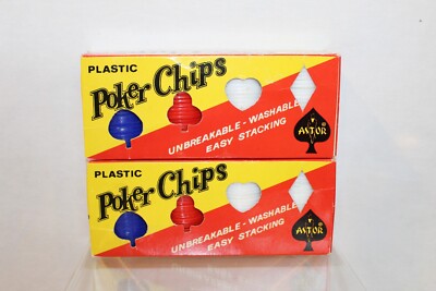 2 Boxes of Vintage Astor No. 7/1005 Plastic Poker Chips in Red White Blue