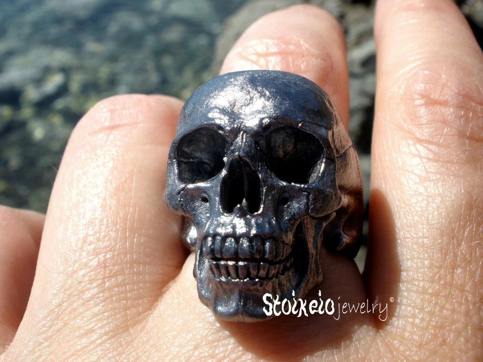 Black Gold Plated Skull Men's Ring, Solid Sterling Silver Handmade Skull Ring - Image 3 of 4