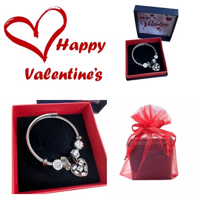 Valentinstag Geschenk Schwarz Silber Wickel Armreif mit Kristall Herz Charm & Perlen