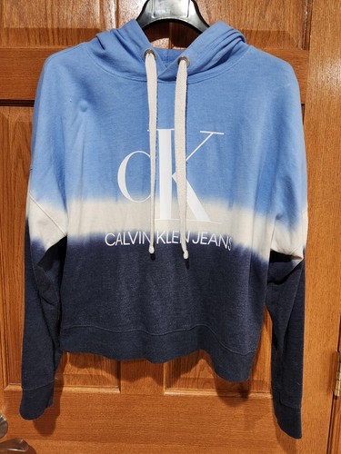 CALVIN KLEIN JEANS Women's S Blue White Long Sleeve Cropped Logo Pullover Hoodie