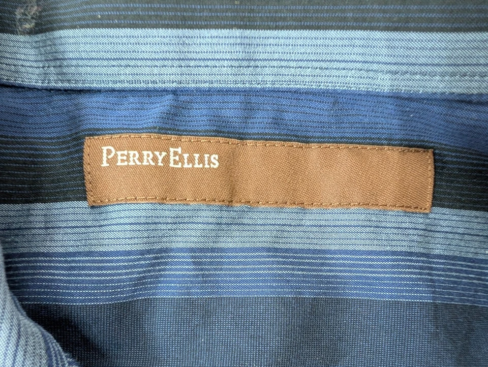 Camisa Perry Ellis Para Hombre XG Azul Rayas Abotonada Manga Larga Preppy Elastizada Foto 2 de 4