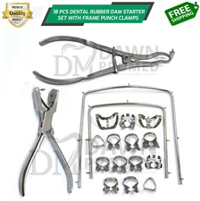 18 Pcs Rubber Dam Starter Set Kit with Frame Punch Clamps Dental Instruments