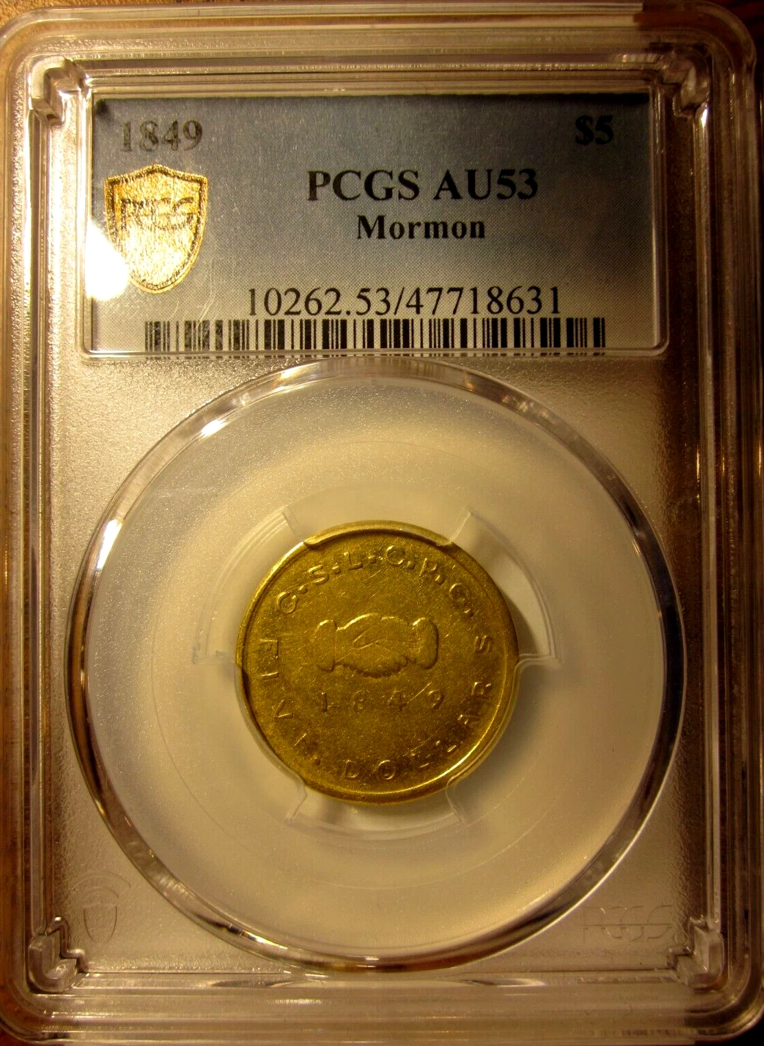 1849 $5 DOLLAR GOLD MORMON TERRITORIAL PCGS AU53 VERY RARE HIGH GRADE