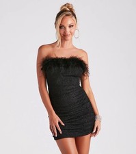 Windsor Strapless Mini Dress With Marabou Feather Trim And Ruched Detailed