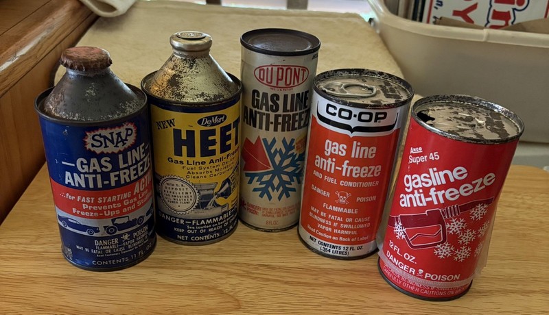 5- DIFF. GAS-LINE CANS- HEET,  SNAP,  CO-OP,  ANCO, DU PONT.  ANTI-FREEZE.
