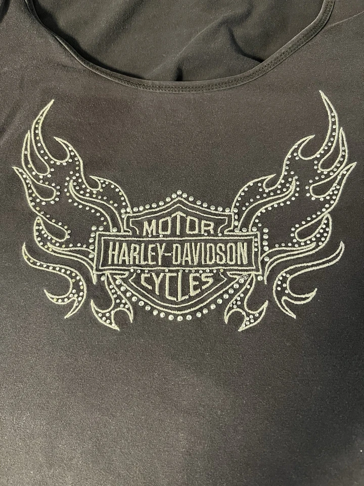 Regata feminina vintage anos 90 Y2K Harley Davidson preta GG chama motociclista - Imagem 4 de 4