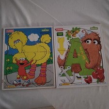  6 VTG Playskool Wood Board Puzzles Lot: SESAME, ELMO, GROVER, BARNEY, BIG BIRD