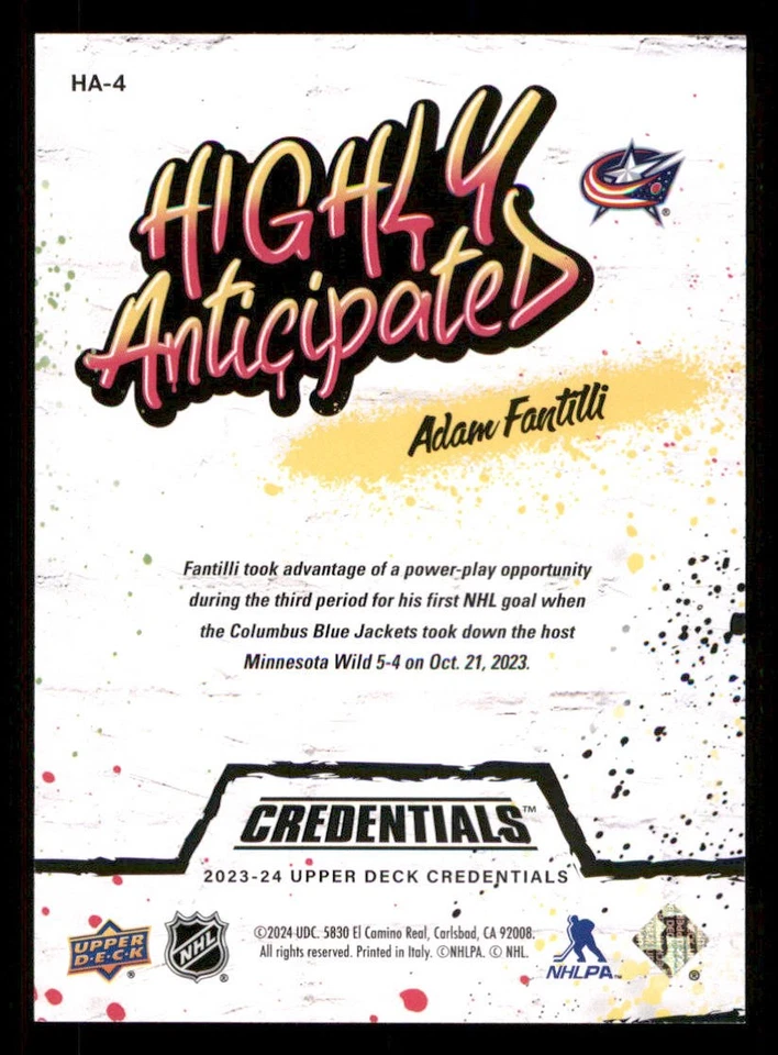 2023-24 Upper Deck Credentials Highly Anticipated #HA4 Adam Fantilli - Image 2 of 2