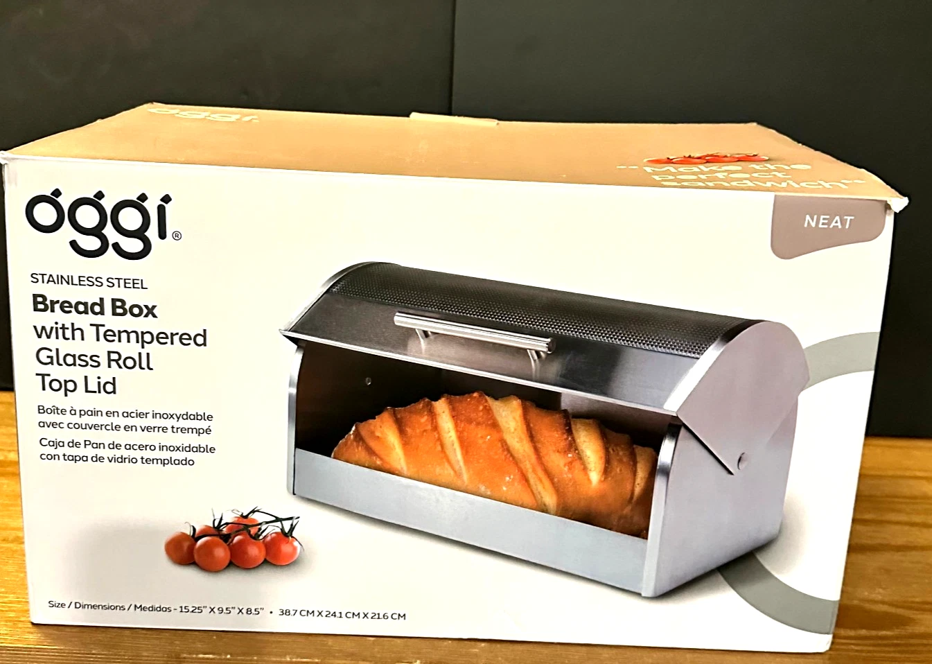 Oggi Stainless Steel Roll Top Bread Box Tempered Glass Lid New open box