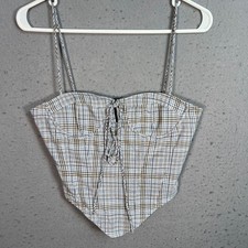 Lioness Small Plaid Corset Top With Lace-Up Front Padded Cups 100 Cotton
