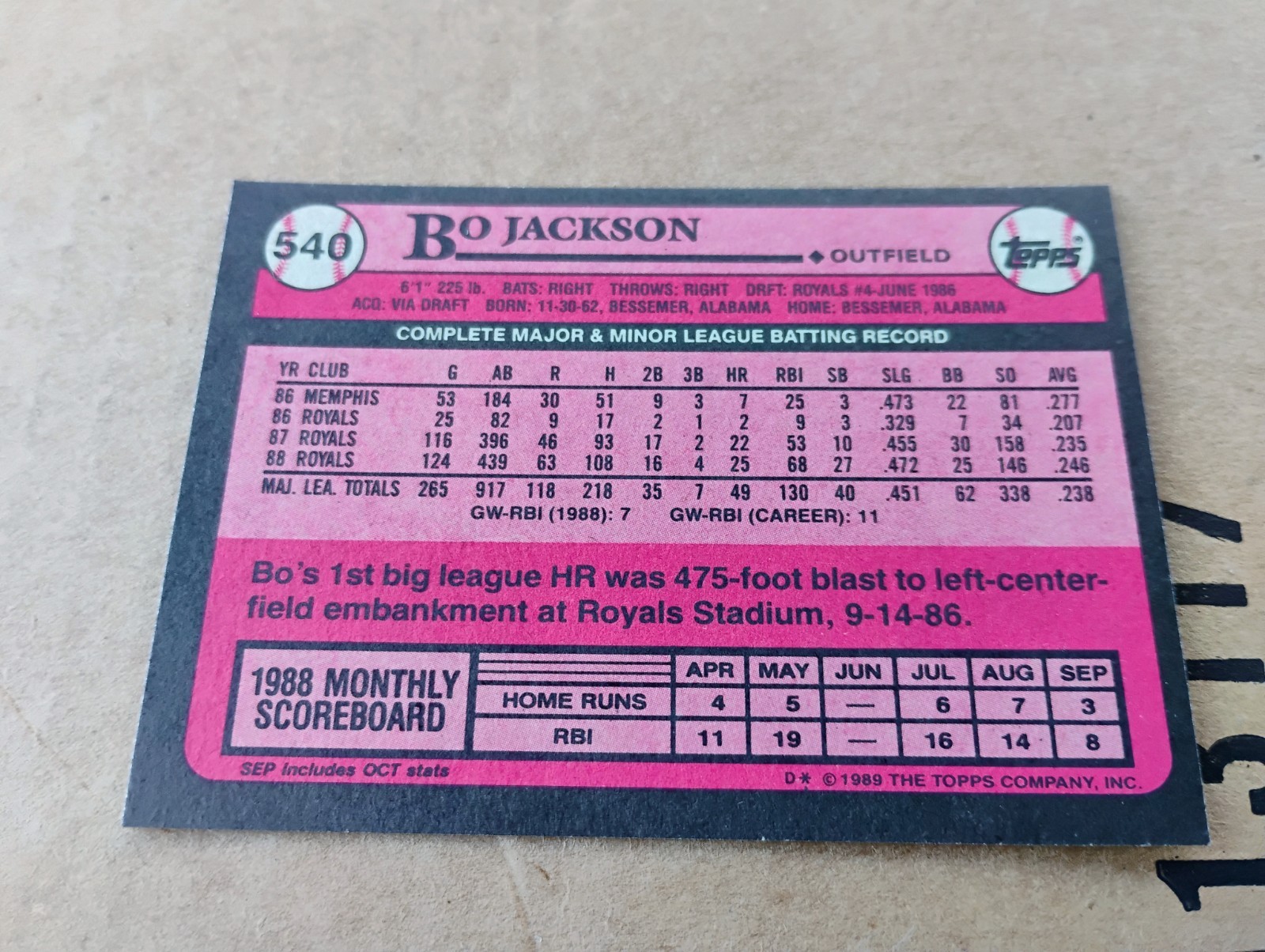 Bo Jackson 1989 Topps #540 Rare Blank Front Test Variation RC Mint KC Royals