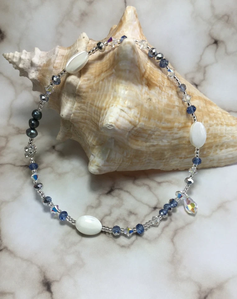 Tobillera hecha a mano de cristal madreperla con elementos de Swarovski + anillo de dedo del pie gratis EE. UU. Foto 3 de 4