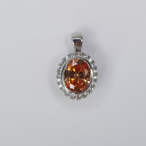 Sterling Silver 925 Designer Peach Amber CZ Gemstone Pave Set Oval Pendant - Picture 3 of 21