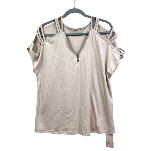 Emery Rose Womens Blouse Top Zipper V Neck Strappy Sleeves Nude Blush Sz 0XL