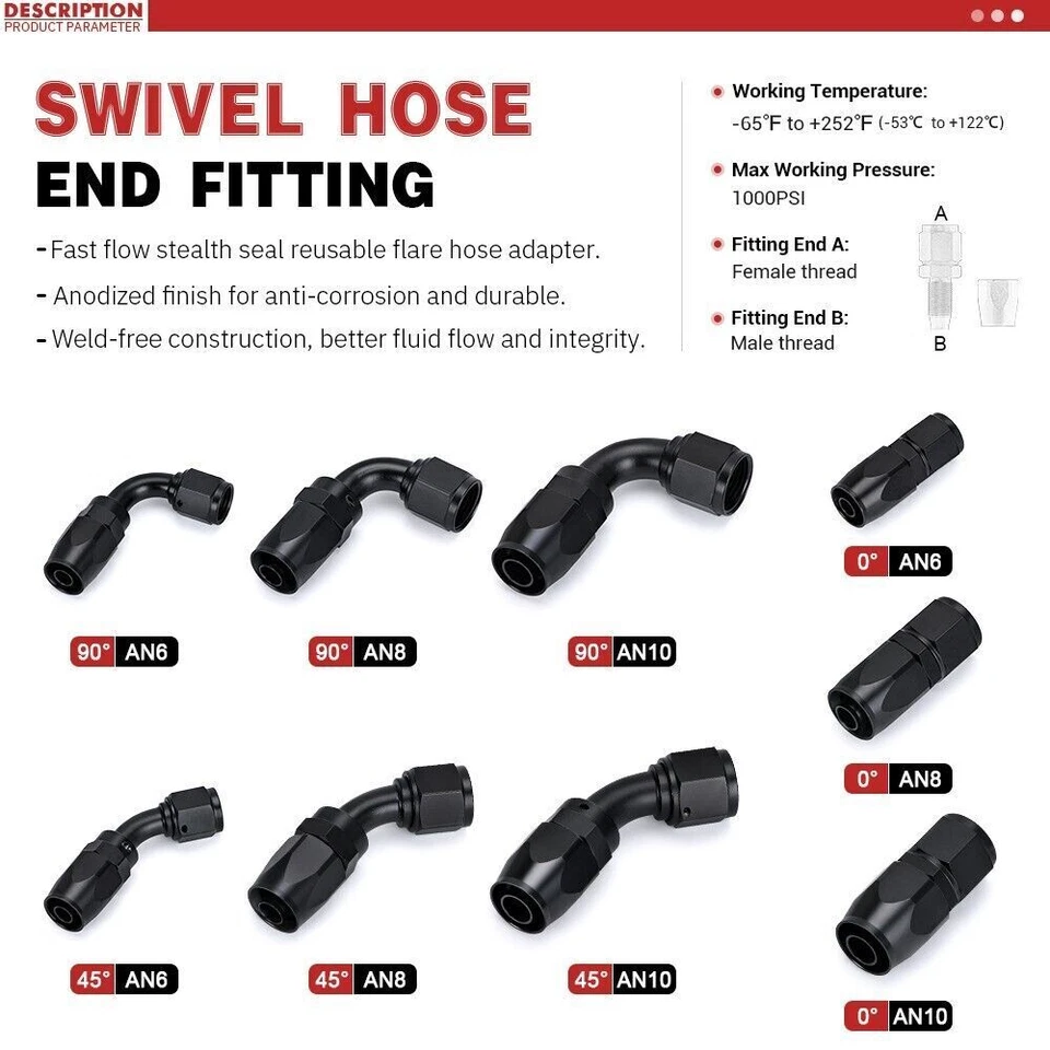4Pcs Black+Red 0°Degree AN6 Oil Fuel Line Hose End Fitting Adapters Kits - Image 3 of 4