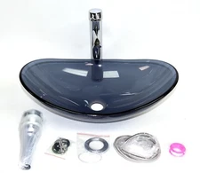 Oval Blue Frosted Glass Bathroom Sink w/ Chrome Faucet and Drain US-BG1013 NEW!