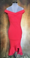 Sz M L RED OFF SHOULDER RUFFLE HEM Long Midi Dress Mermaid Mexico Slit Tight Fit