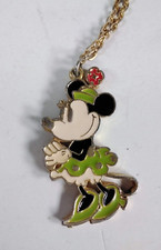 Disney Minnie Mouse Green Outfit Jewelry Pendant On Gold Tone Chain Necklace
