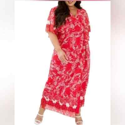 Maree Pour Toi Wrap Dress Maxi Plus 24 Red Print Flutter Sleeve NWT Kimono Style