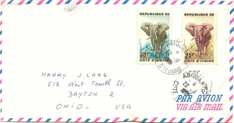 COSTA DE MARFIL 1962 elefantes 25 F y 30 F en carta postal aérea de Praga a EE. UU. - Imagen 1 de 1