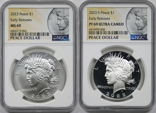 2023-P-S $1 Peace Silver Dollar 2pc Set NGC MS69 PF 69 UCAM E/R  Peace Label