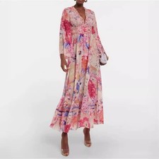 Women Dress Long Sleeve Vacation Printed Floral Jumpsuit V Neck Long Skirt Dress