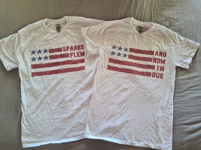 his and hers baby reveal t-shirts, ''sparks flew and now I'm due'' July 4th
