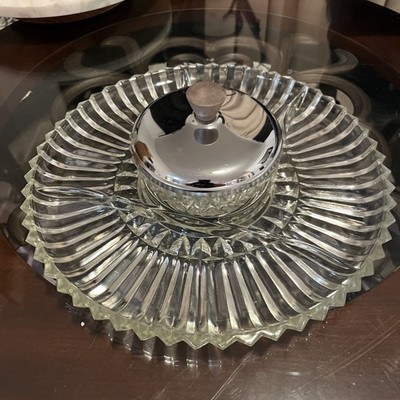 Vintage MCM KROMEX Lazy Susan Chrome Glass Divided Serving Relish Tray