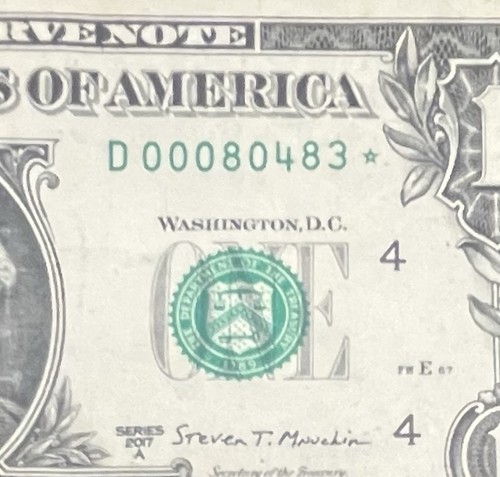 STAR NOTE 500K Low Print Run 2017 $1 Fancy Serial Number D00080483* 5 ...