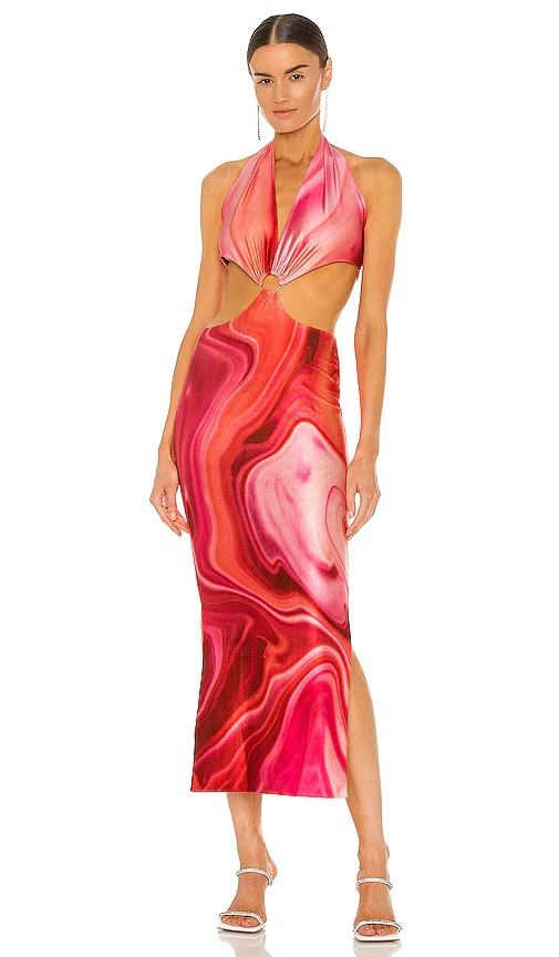 Farai Abstract Swirl Print Halter Cut Out Midi Dress Women Large Red Pink Summer