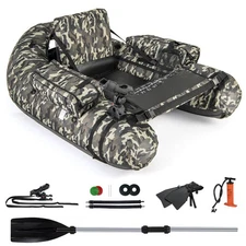 Inflatable Float Tube w/ Fish Ruler Rod Holder Storage Pockets Flippers Paddle