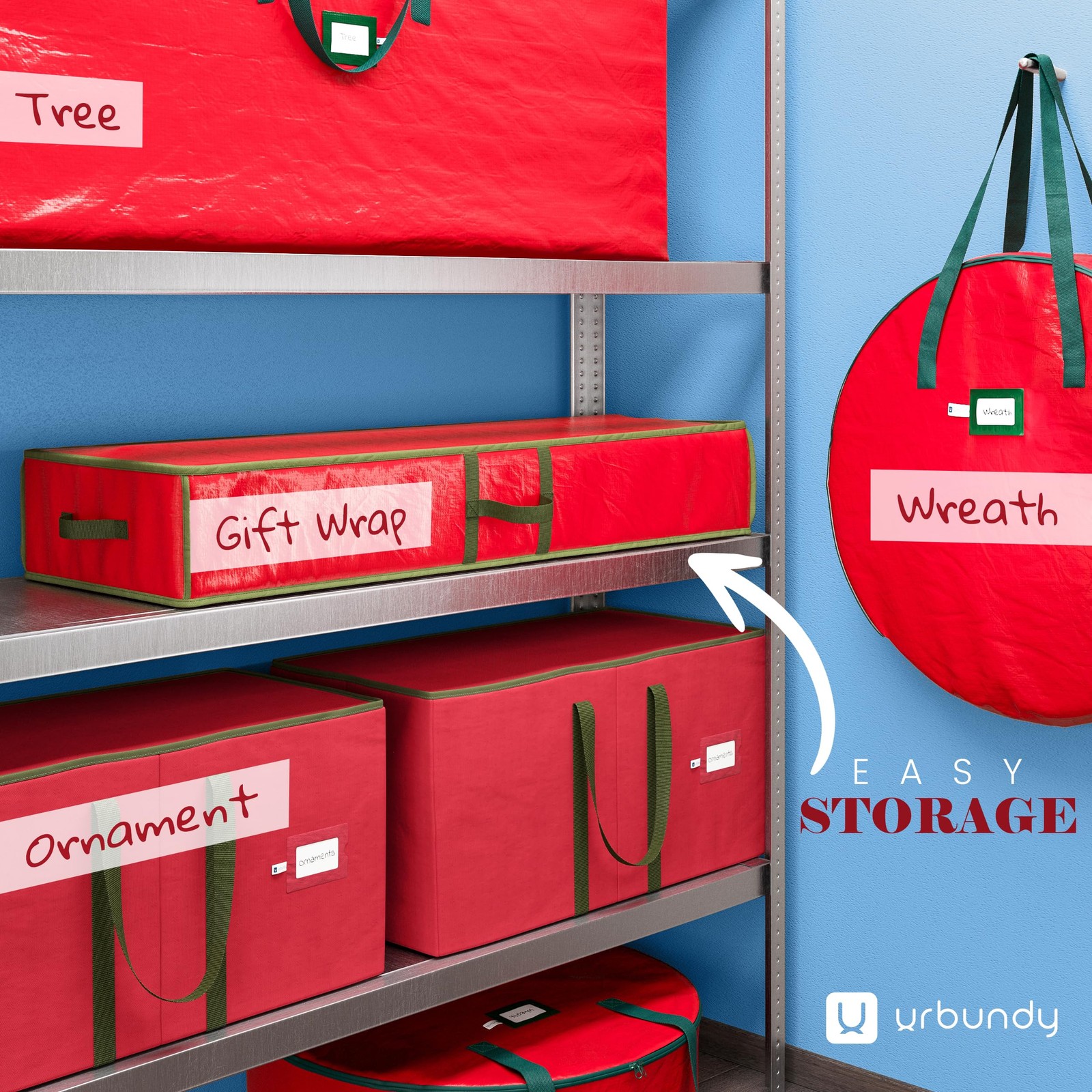 URBUNDY Heavy Duty Wrapping Paper Organizer Storage Bag Red - Christmas Stora...