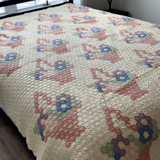 Vtg Quilt Hexagon Basket w/Flowers Hand Pieced 100 Cotton Postage Stamp c1940s
