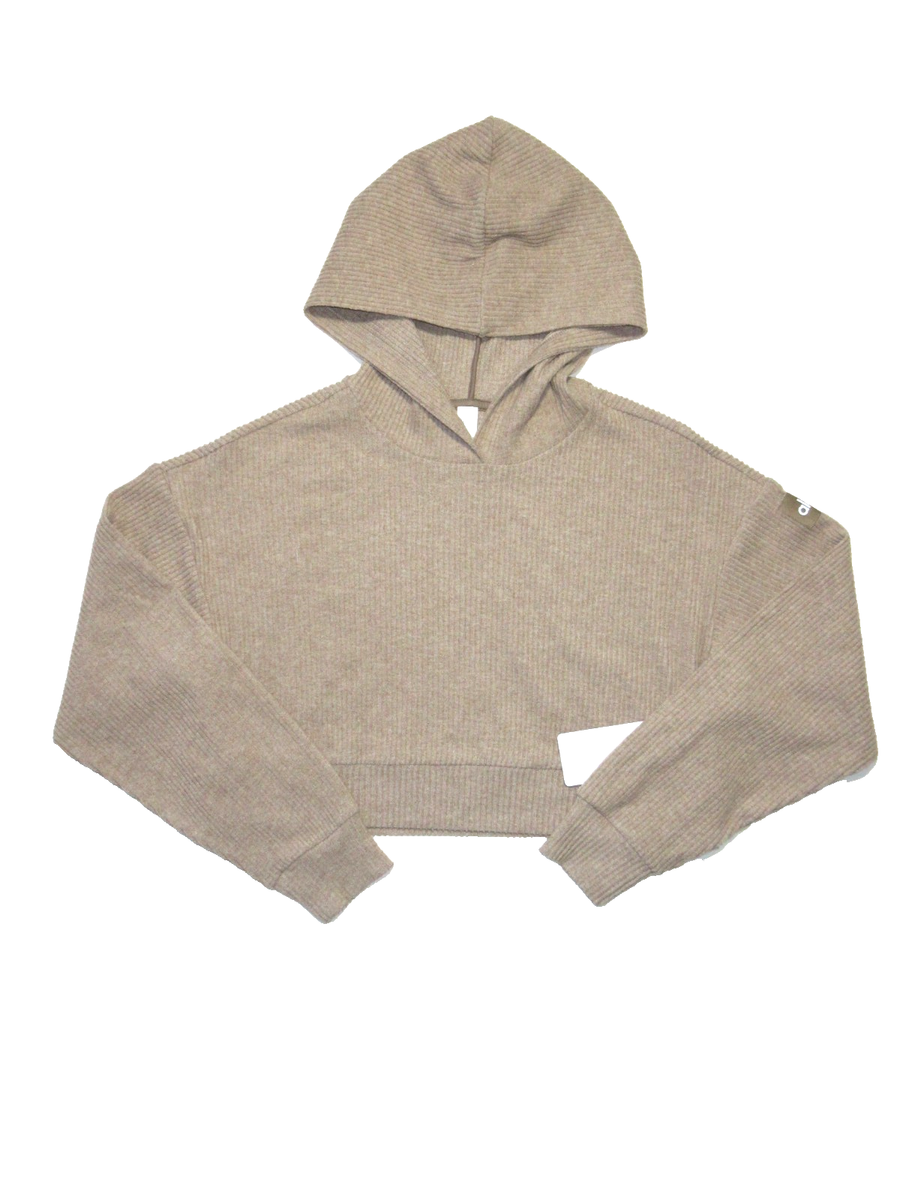 NWT Alo Muse Hoodie Pullover in Gravel Heather Relaxed Ribbed Crop