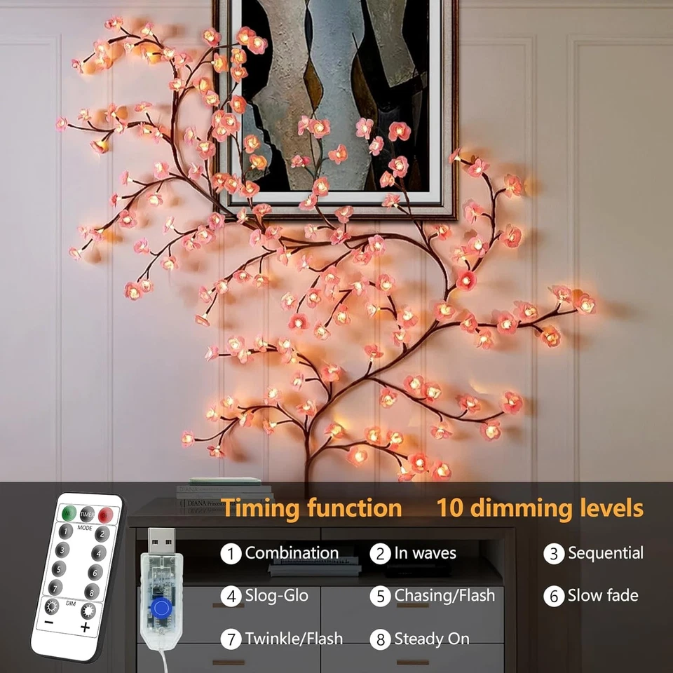 Luces de vid de sauce encantadas para pared: 96 luces LED centelleantes rama de árbol cerezo Foto 4 de 4
