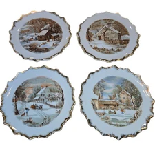 Currier and Ives Set of 4 Winter Homestead Scenes Decorative Wall Plates VTG lot
