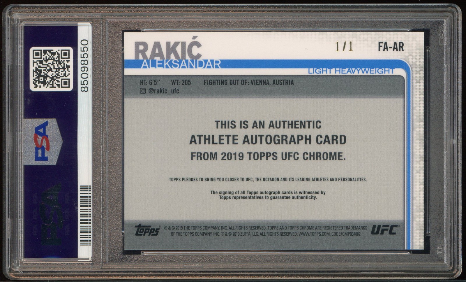 ALEKSANDAR RAKIC 2019 TOPPS CHROME UFC #FA-AR AUTO SUPERFRACTOR 1/1 PSA 10 view 3