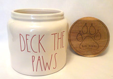 RAE DUNN Ceramic Dog Treat Jar Canister DECK the PAWS Laser Etched Wood Lid
