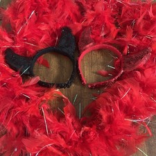 Halloween Red Feather Boa + Red & Black Pair of Sequin Headbands Costume Bundle