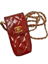 Authentic CHANEL Matelasse Phone Case Chain Shoulder Pouch Red Patent Leather