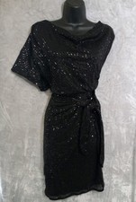 Grace Sequin Sheath Dress Womens M Black Stretch Sparkly Assymetrical Tie NWT
