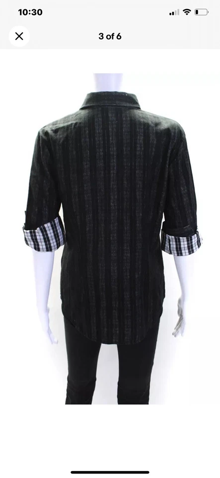 Theory 女式棉质格子印花铐扣 Catris 衬衫黑色 L 码 — 第 3/4 张图片