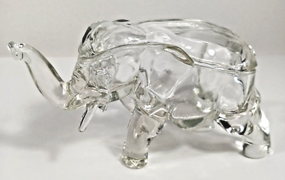 Vtg 1930s Co-Operative Flint Clear Glass Elephant Figural Lidded Box Dish