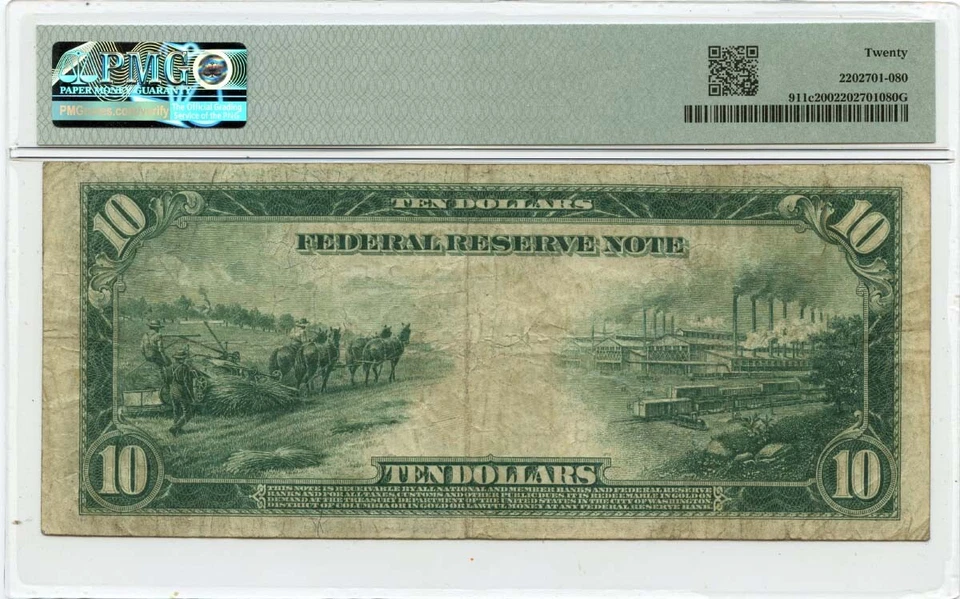 1914 $10 Federal Reserve Note New York Fr# 911c PMG VF20 - Image 2 of 2