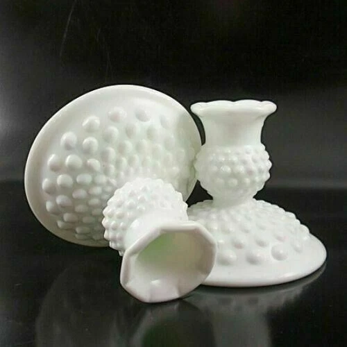 Fenton Milk Glass Hobnail Candleholders Pair #3974-MI
