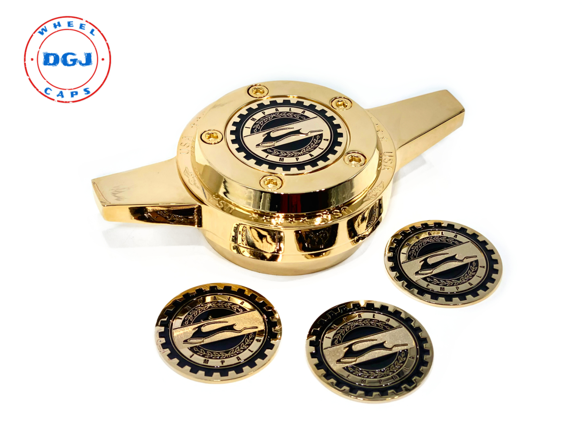 Impala Black on Gold Lowrider Knock-Off Metal Chips Emblems Size