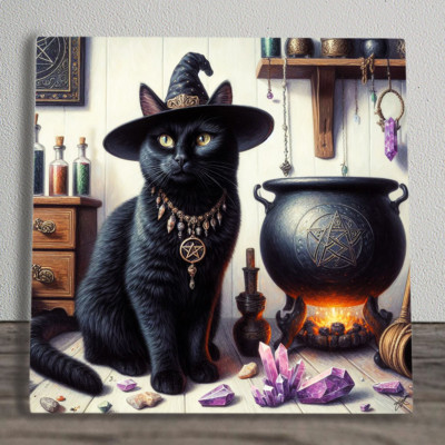 Ceramic UV Printed Picture Tile Plaque ''Cat Casting Spells'' 20cm x 20cm