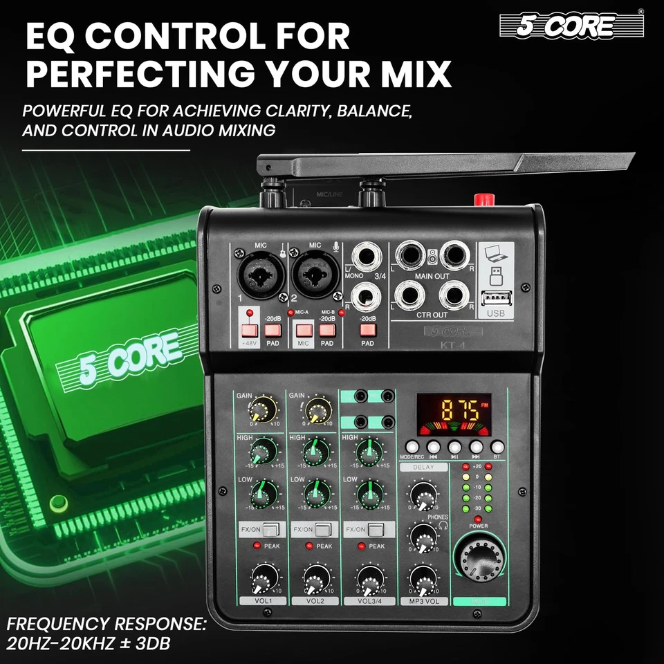 5 Core Audio Mixer Sound Board 4 Channel XLR Stereo Receiver w Bluetooth USB ... - Image 4 of 4