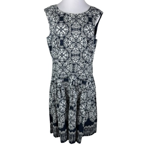 Robbie Bee Vintage Round Neck V-Back Sleeveless Dress Women's 16 Navy Blue White